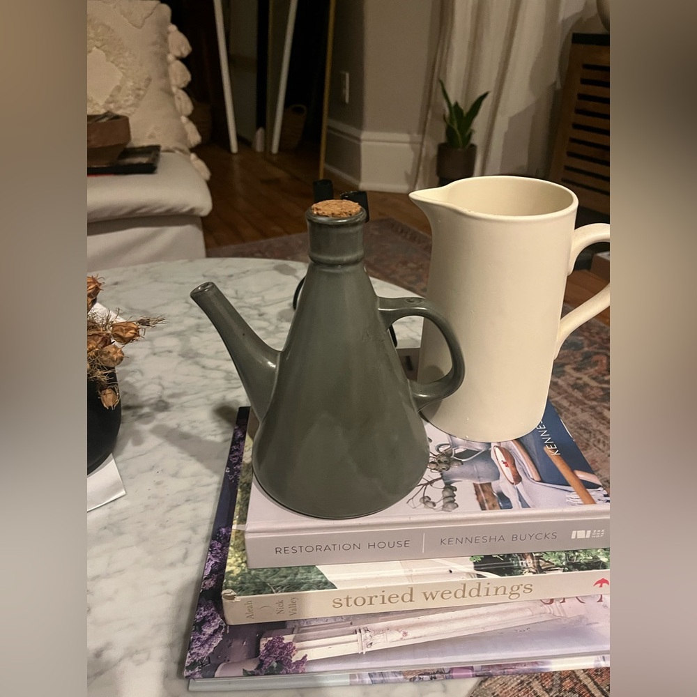 Gray Ceramic Teapot with Cork Lid and cream ceramic pitcher
